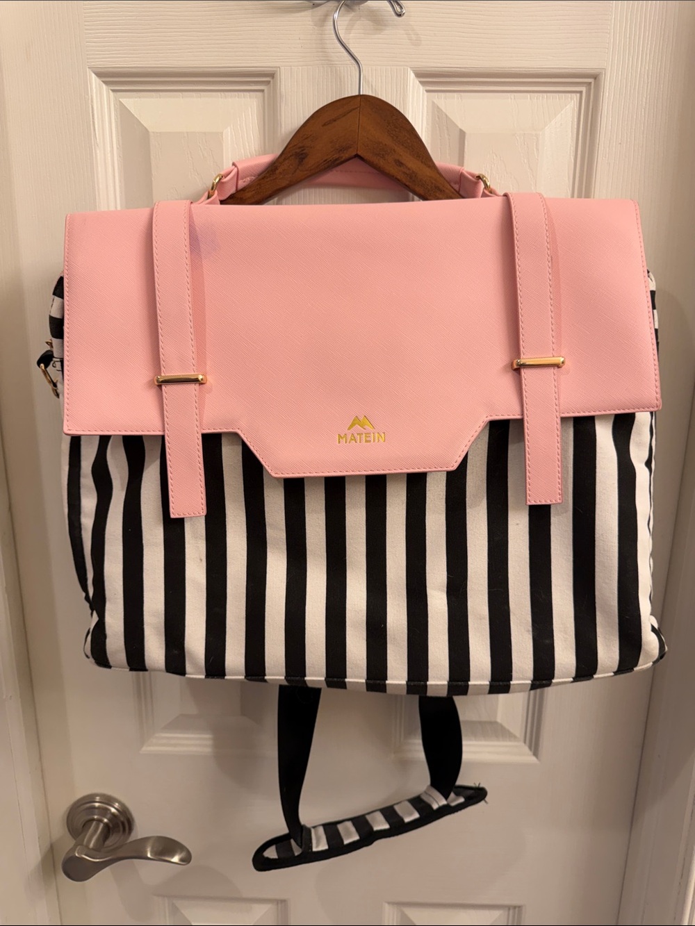 Matein Pink & Black Striped Laptop Backpack Tote